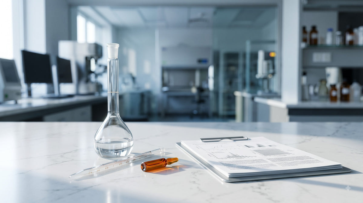 Clinical research laboratory quartz bench with volumetric flask, pipette, clinical trial documentation clipboard, and amber ampoule, human studies on oral glutathione