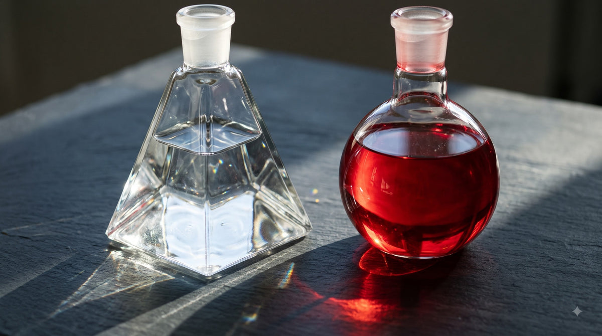 Optical crystal prism flask of pure water and ruby-red astaxanthin oil vessel demonstrating dual-phase cellular harmony, glutathione and vitamin C