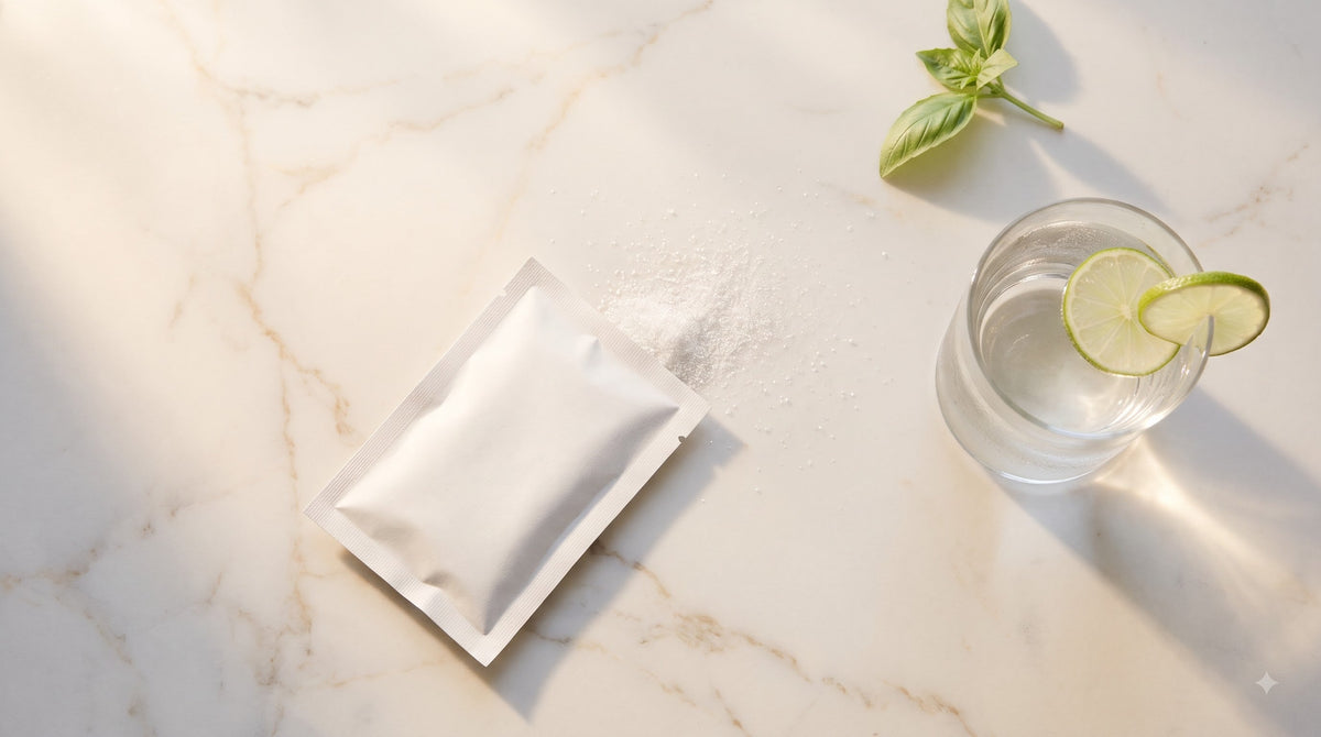 White glutathione sachet on Carrara marble with lime and fresh basil in morning light, Gluta AX water-free mouth melt sachet