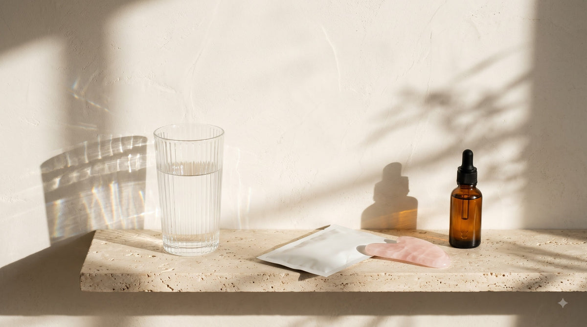 Curated luxury skincare vanity on natural travertine with rose quartz gua sha, water tumbler, and daily wellness sachet, skin supplements for glowing skin